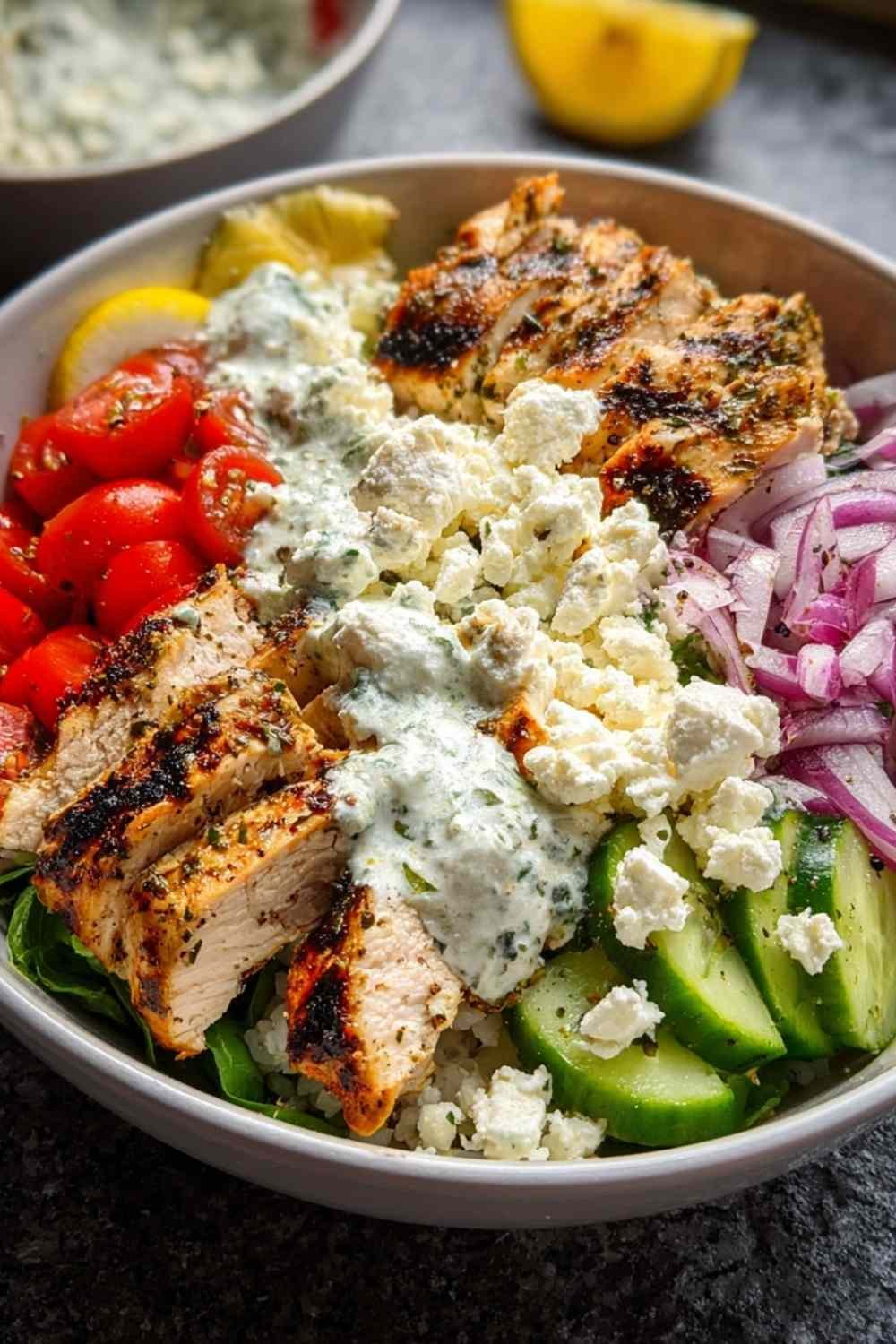 Greek Chicken Bowls with sliced marinated chicken, fresh vegetables, quinoa, feta cheese, and tzatziki sauce