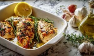 reek chicken marinade coating raw chicken breasts in glass bowl with lemon and herbs