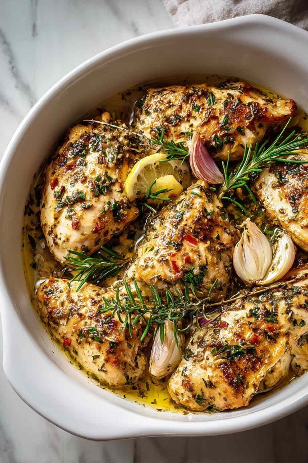 reek chicken marinade coating raw chicken breasts in glass bowl with lemon and herbs