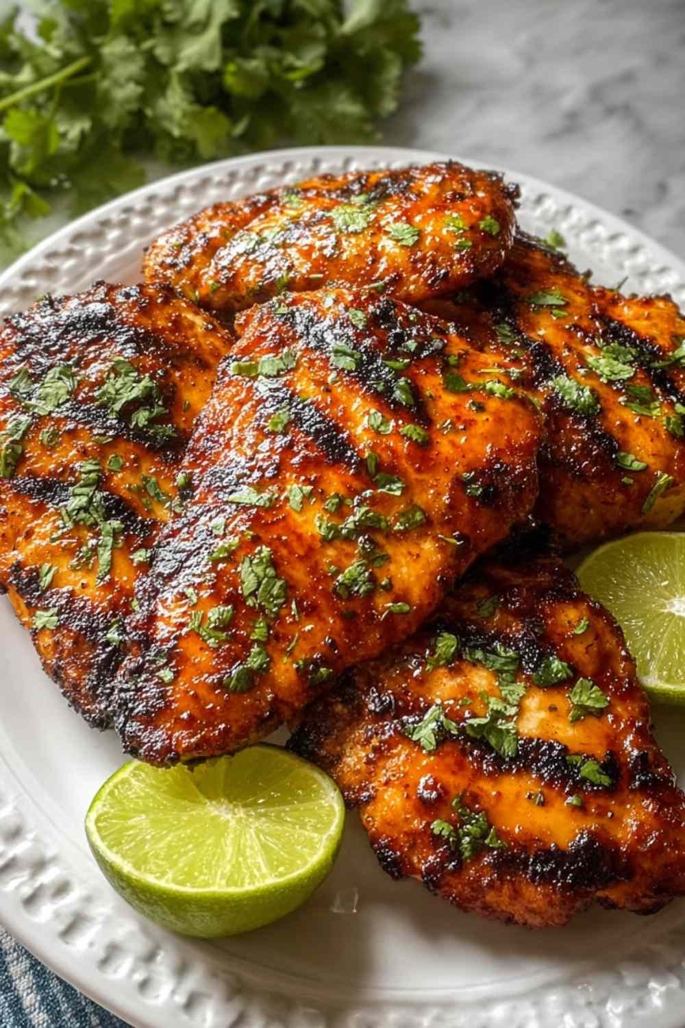Grilled Cuban chicken breasts with char marks garnished with fresh cilantro and lime wedges