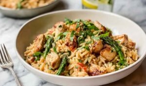 High protein chicken orzo with asparagus and spinach in a large skillet ready to serve