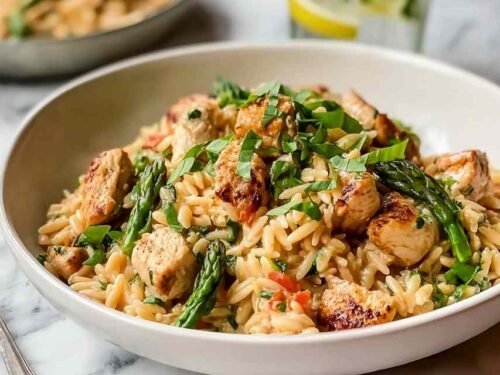 High protein chicken orzo with asparagus and spinach in a large skillet ready to serve