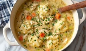 Homemade Chicken and Dumplings Recipe with fluffy dumplings and tender chicken in a rich broth