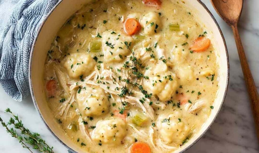 Homemade Chicken and Dumplings Recipe with fluffy dumplings and tender chicken in a rich broth