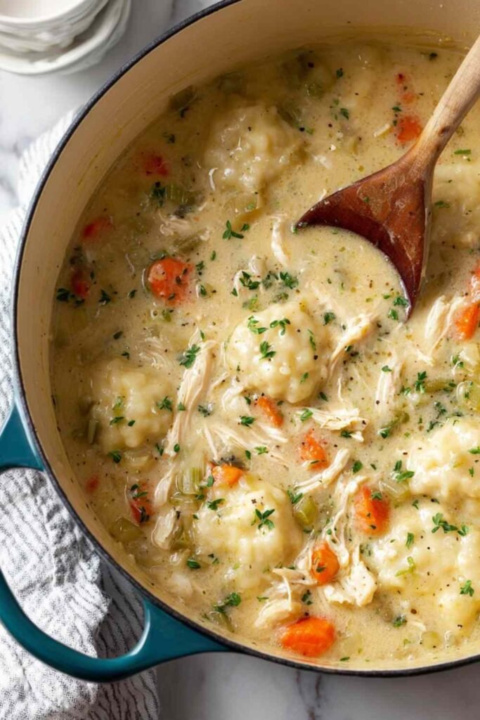 Homemade Chicken and Dumplings Recipe with fluffy dumplings and tender chicken in a rich broth