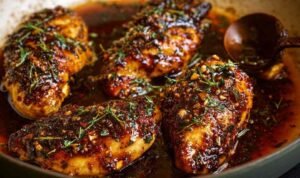 Hot Honey Baked Chicken Breasts Hot honey baked chicken breasts with golden glaze on parchment-lined baking sheet