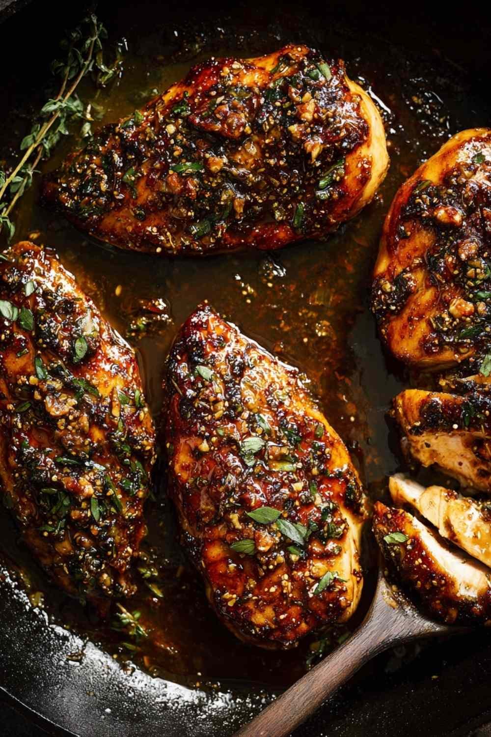 Hot honey baked chicken breasts with golden glaze on parchment-lined baking sheet