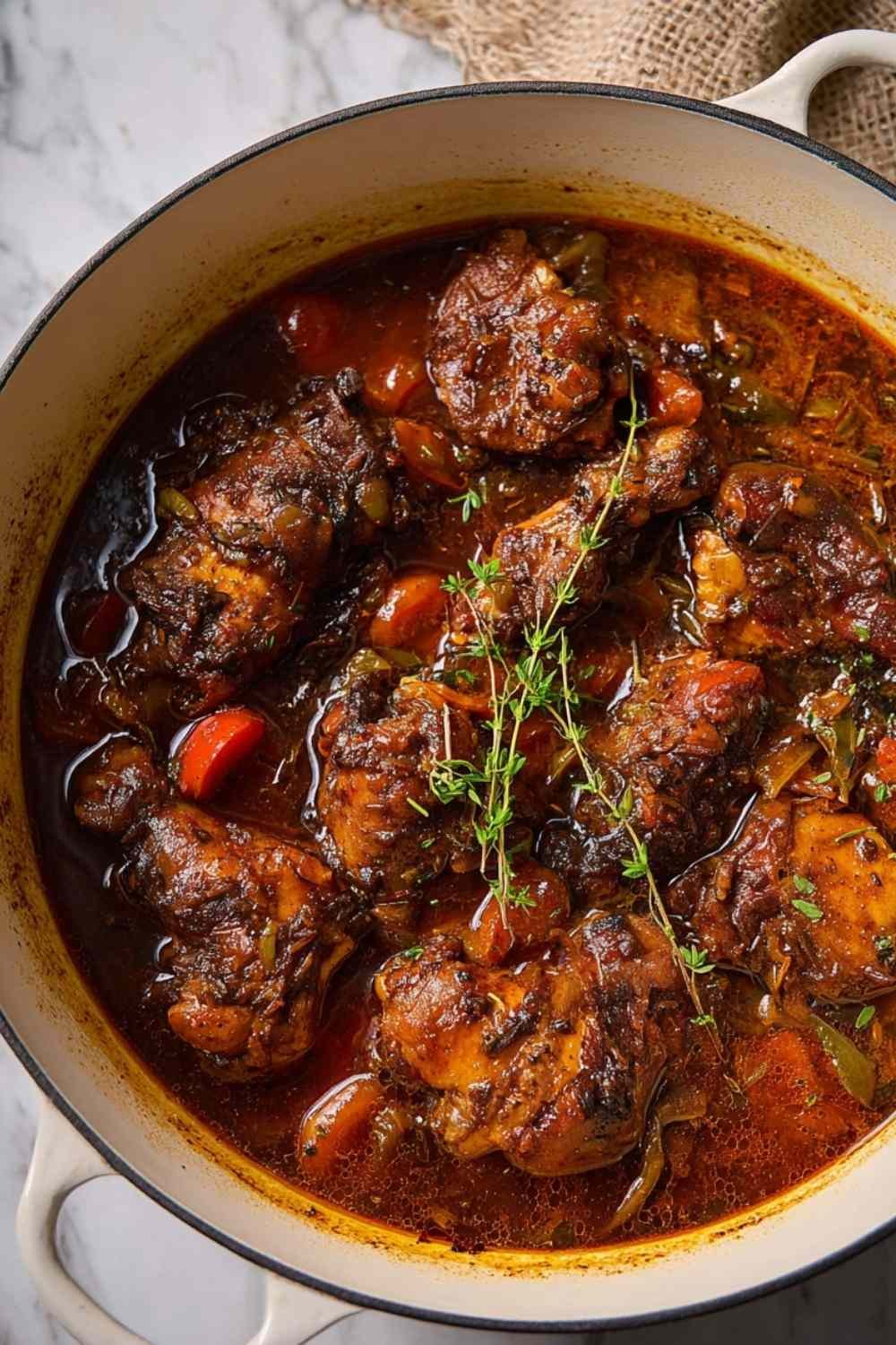 Jamaican brown stew chicken pieces in rich gravy with carrots and fresh thyme in dutch oven