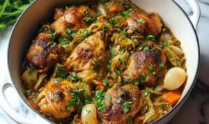 Jamaican chicken and cabbage cooking in a skillet with colorful vegetables and Caribbean spices