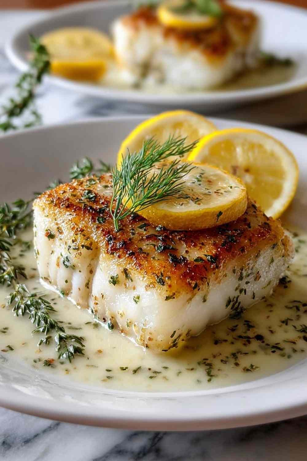 Lemon Dill Baked Cod on white plate topped with creamy lemon dill sauce and fresh lemon slices