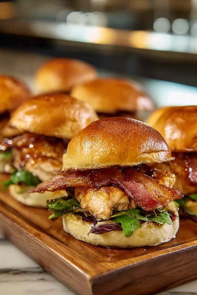 Maple chicken bacon sliders arranged on white platter with fresh arugula and caramelized glaze