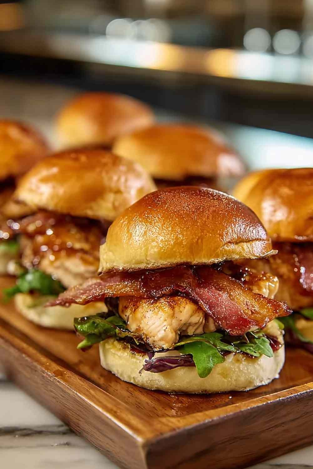 Maple chicken bacon sliders arranged on white platter with fresh arugula and caramelized glaze