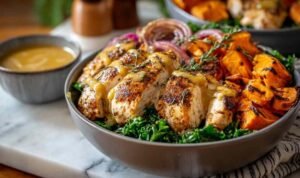 Maple Dijon Chicken & Roasted Sweet Potato Bowls
