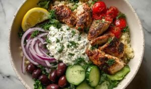 Mediterranean Chicken Bowl with grilled chicken quinoa vegetables feta cheese and hummus in white bowl