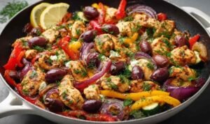 Mediterranean Chicken Stir-Fry Mediterranean chicken stir fry in large skillet with zucchini tomatoes olives and herbs over barley