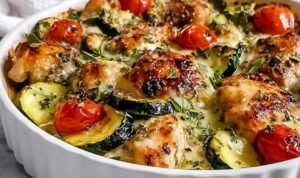 Mediterranean chicken zucchini bake with feta cheese fresh from the oven on a wooden table