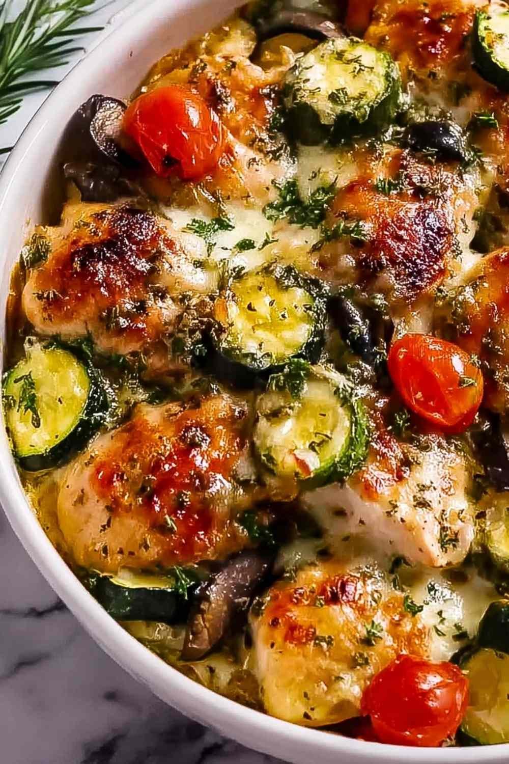 Mediterranean chicken zucchini bake with feta cheese fresh from the oven on a wooden table