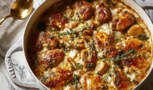 Neiman Marcus Chicken Casserole with golden Ritz cracker topping in white baking dish