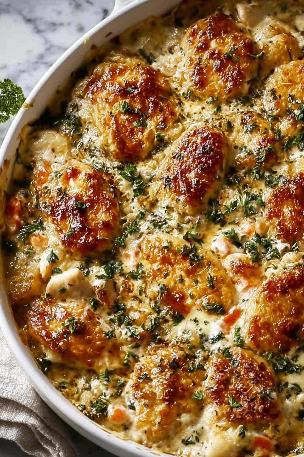 Neiman Marcus Chicken Casserole with golden Ritz cracker topping in white baking dish