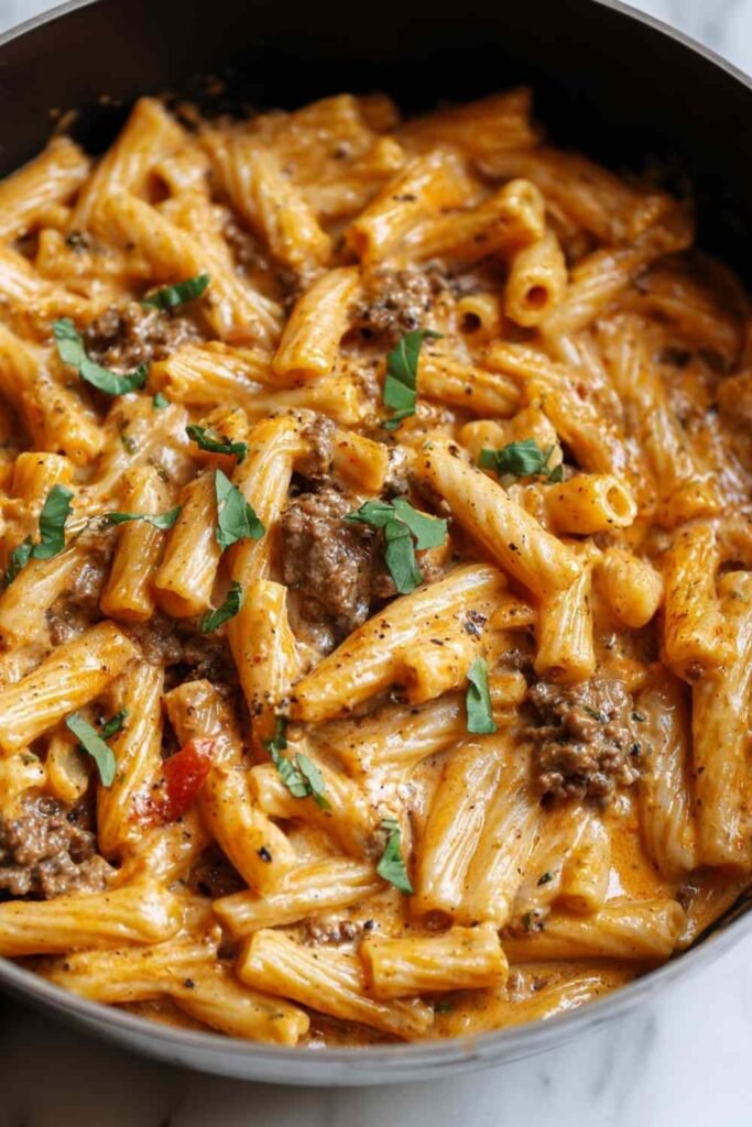 One Pot Creamy Tomato Beef Pasta