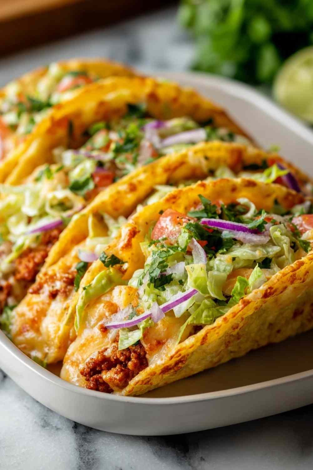 Oven-baked cheesy tacos with melted cheese in baking dish fresh from oven