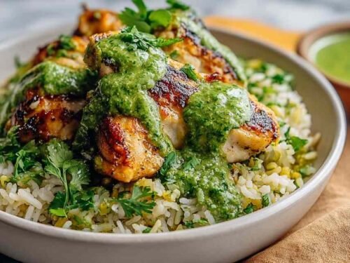 Peruvian chicken and rice with green sauce on white plate showing golden chicken thigh over jasmine rice drizzled with cilantro sauce
