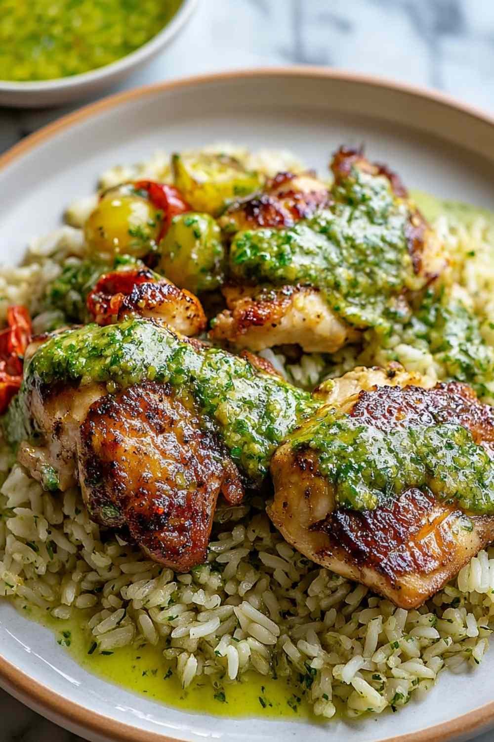 Peruvian chicken and rice with green sauce on white plate showing golden chicken thigh over jasmine rice drizzled with cilantro sauce