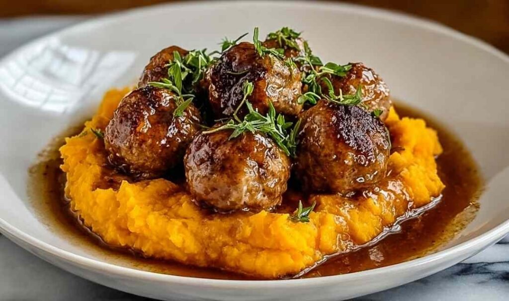 Pork meatballs with sweet potato mash and bourbon-maple sauce plated on white dish