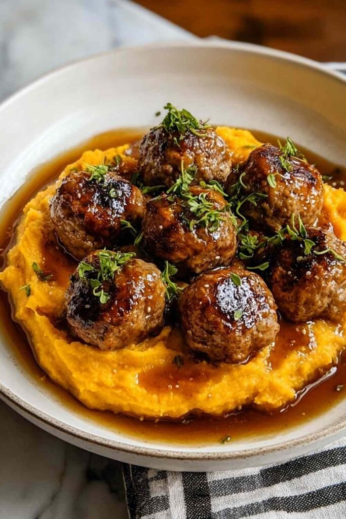 Pork meatballs with sweet potato mash and bourbon-maple sauce plated on white dish