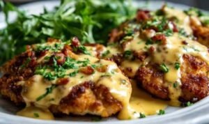 Pretzel crusted chicken with cheddar mustard sauce on white plate with roasted vegetables