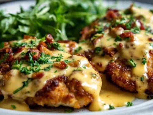 Pretzel crusted chicken with cheddar mustard sauce on white plate with roasted vegetables