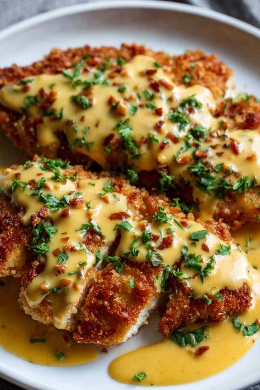 Pretzel crusted chicken with cheddar mustard sauce on white plate with roasted vegetables