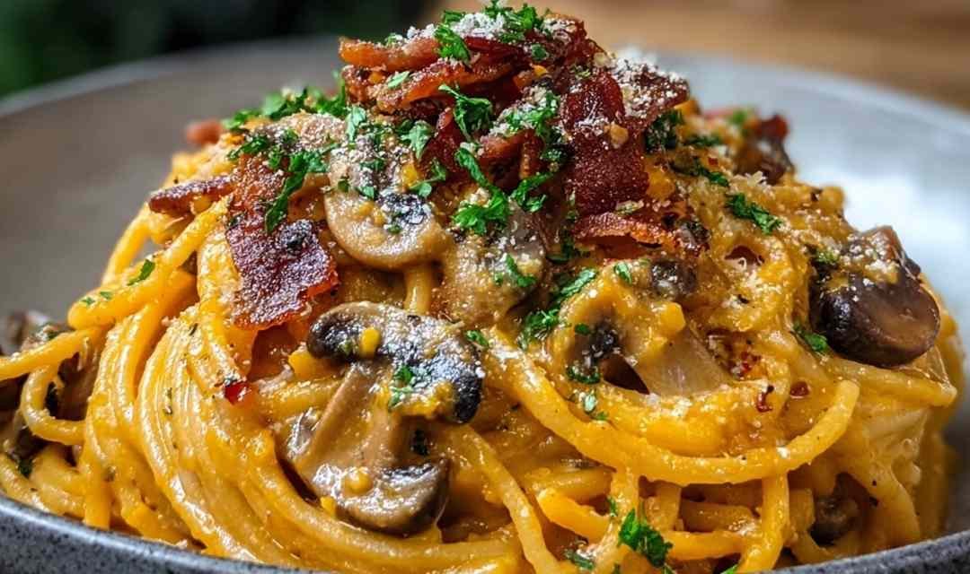 Pumpkin Mushroom Spaghetti with Crispy Bacon