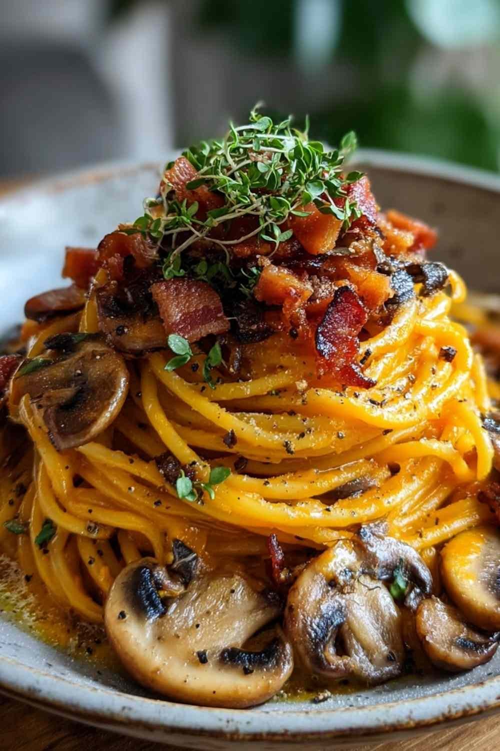 Pumpkin mushroom spaghetti with crispy bacon and parmesan cheese on a white plate