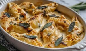 Pumpkin Gouda Stuffed Shells with Brown Butter Sage Alfredo Pumpkin gouda stuffed shells with brown butter sage alfredo sauce on white plate garnished with fresh sage