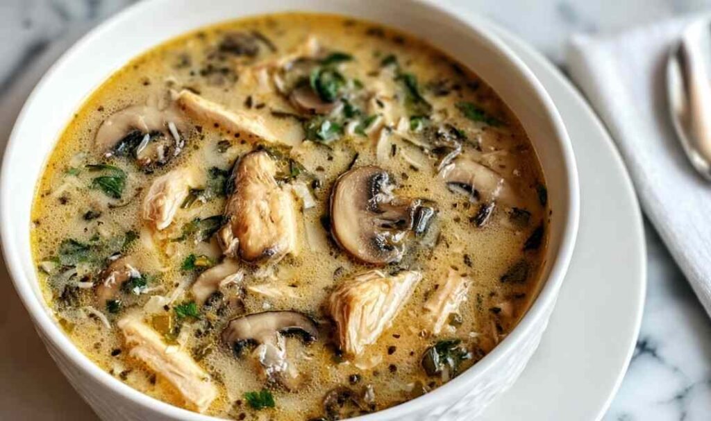 Creamy rotisserie chicken mushroom soup in white bowl garnished with fresh thyme