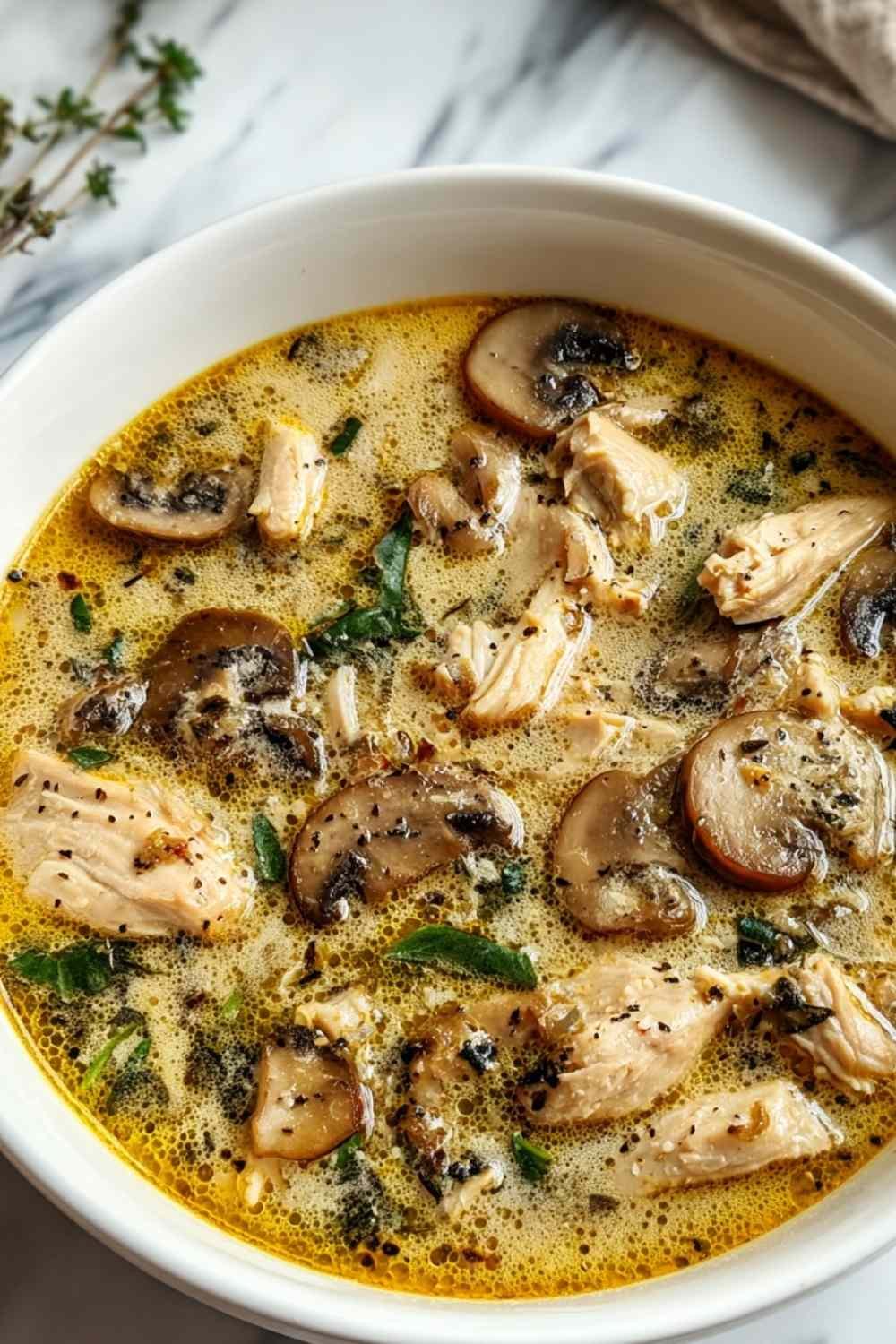 Creamy rotisserie chicken mushroom soup in white bowl garnished with fresh thyme