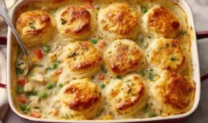 Simple chicken pot pie with biscuits in baking dish with golden brown biscuit topping and creamy chicken filling