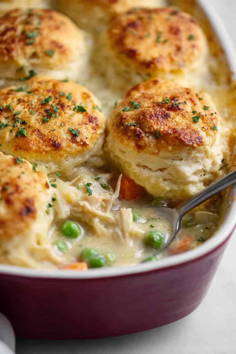Simple chicken pot pie with biscuits in baking dish with golden brown biscuit topping and creamy chicken filling