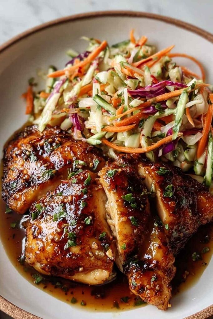 Sticky apple cider chicken with crisp autumn slaw served on white plate showing caramelized glaze