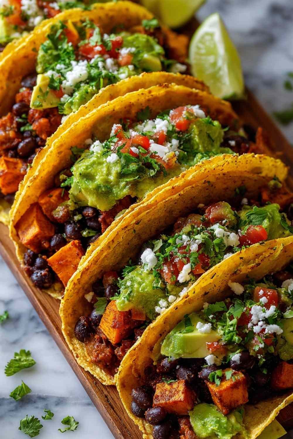 Sweet potato and black bean tacos topped with avocado cilantro and lime on white plate