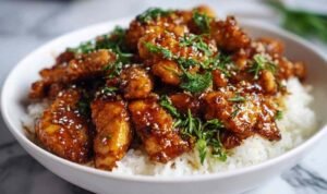 Sweet & Savory Honey Garlic Chicken Honey garlic chicken pieces glazed with sticky sauce served over white rice garnished with parsley