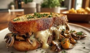 Swiss Mushroom Melt Sandwich with caramelized onions and melted cheese on toasted sourdough bread