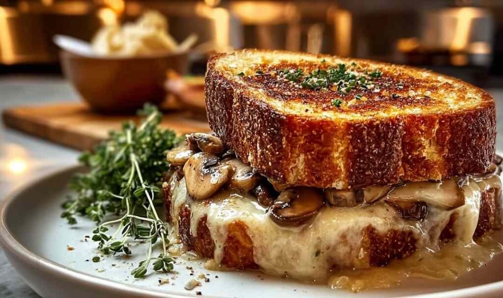 Swiss Mushroom Melt Sandwich with caramelized onions and melted cheese on toasted sourdough bread