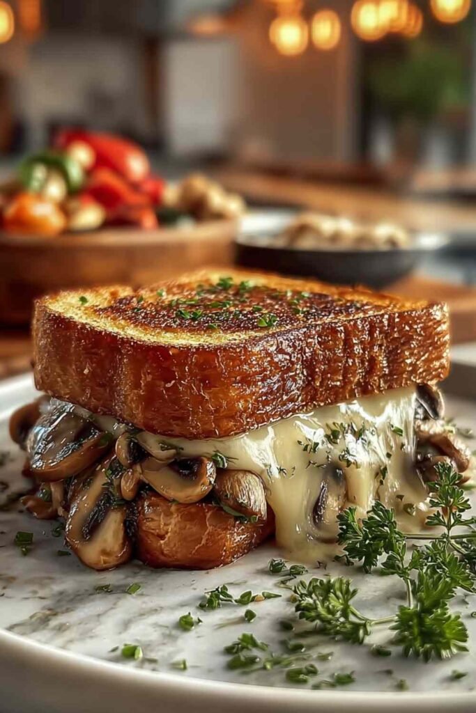 Swiss Mushroom Melt Sandwich with caramelized onions and melted cheese on toasted sourdough bread