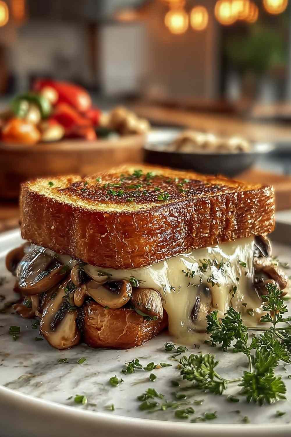 Swiss Mushroom Melt Sandwich with caramelized onions and melted cheese on toasted sourdough bread