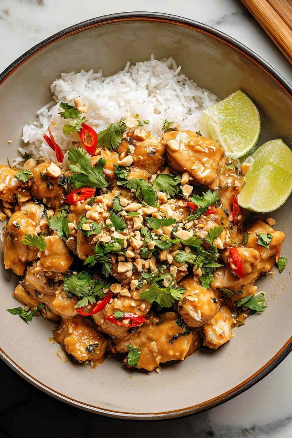 Thai peanut chicken in skillet coated with creamy peanut sauce garnished with cilantro and peanuts