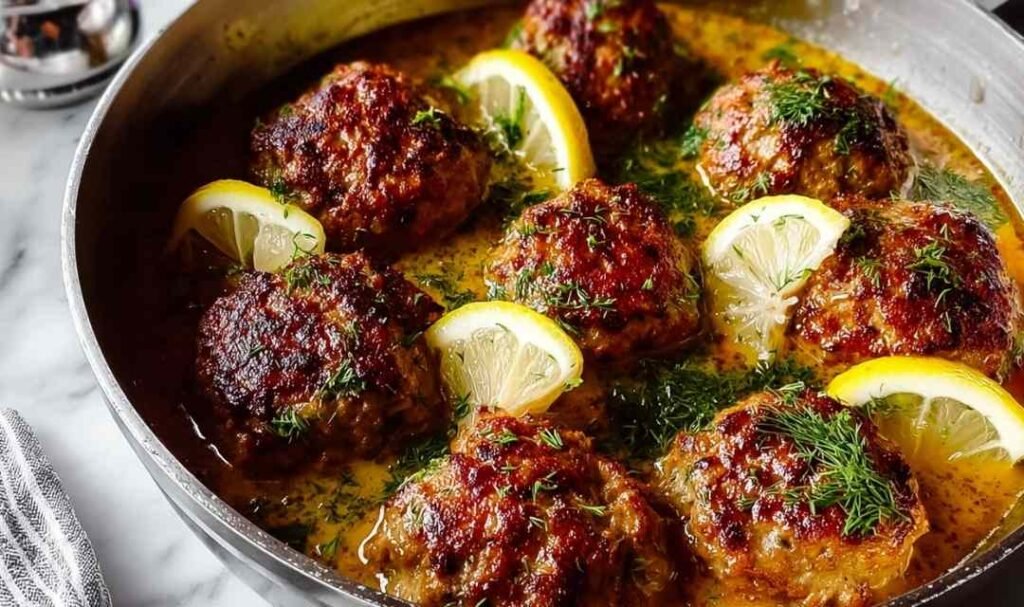 Greek meatballs in lemon sauce simmering in pot with herbs and creamy avgolemono coating