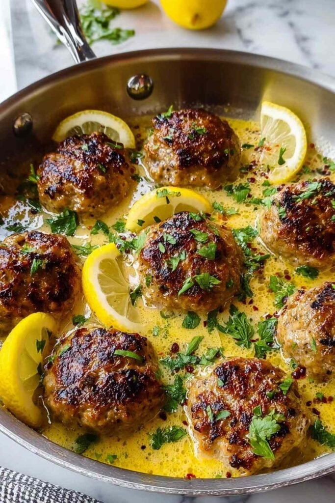 Greek meatballs in lemon sauce simmering in pot with herbs and creamy avgolemono coating