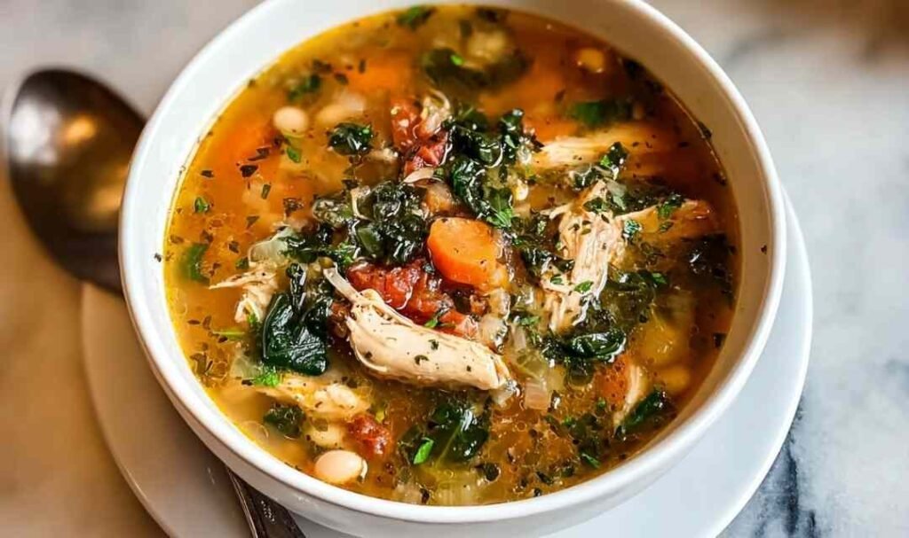 Bowl of Tuscan Chicken Soup with fresh parsley and Parmesan cheese garnish